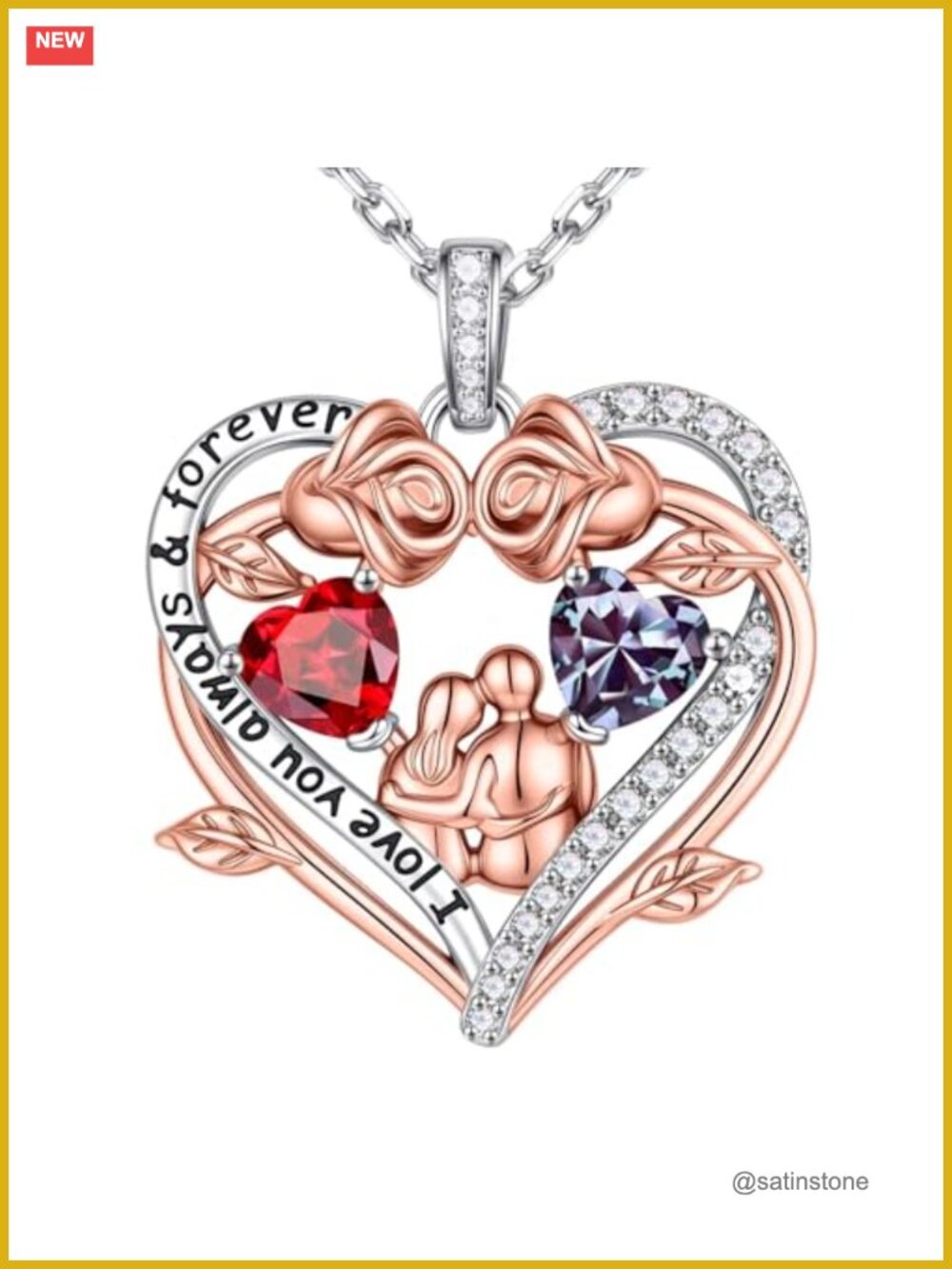 Rose Heart Birthstone Pendant Necklace 925 Sterling Silver Adjustable